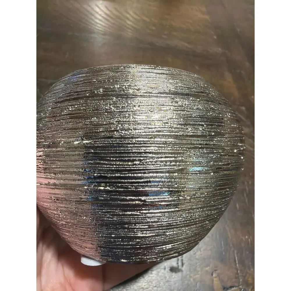 Vintage Silver Metallic Glazed Ceramic Round Planter Pot Textured Ribbed Design